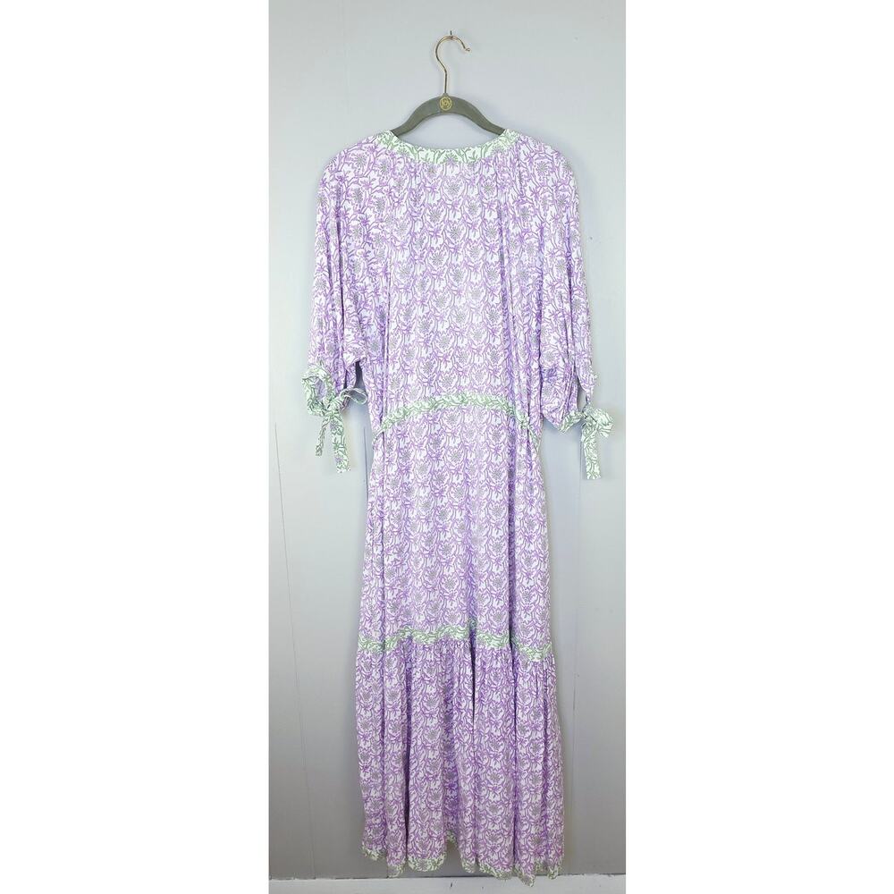 Cactus + Pearl Purple Green Floral Maxi Dress XXL Tie Sleeve Boho Cottagecore - Picture 7 of 15